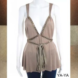 YA-YA Brown-Beige Copper Jeweled Criss-Cross Top